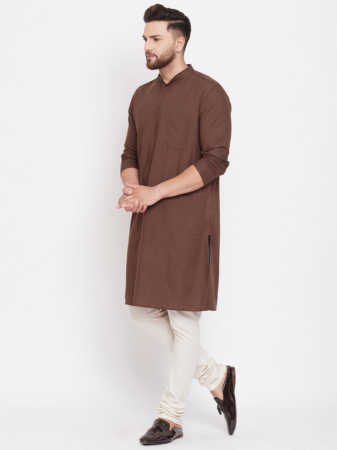 Even Apparels Brown Solid Kurta With Band Collar | Swadesiicart