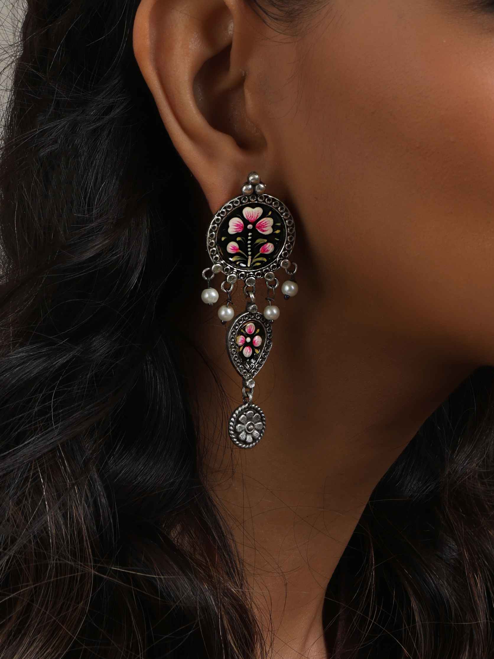 trueBrowns Silver Tone Handpainted Dangle Earrings - Swadesiicart