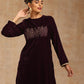 trueBrowns Wine Velvet Yoke Embroidered Kurta | Swadesiicart