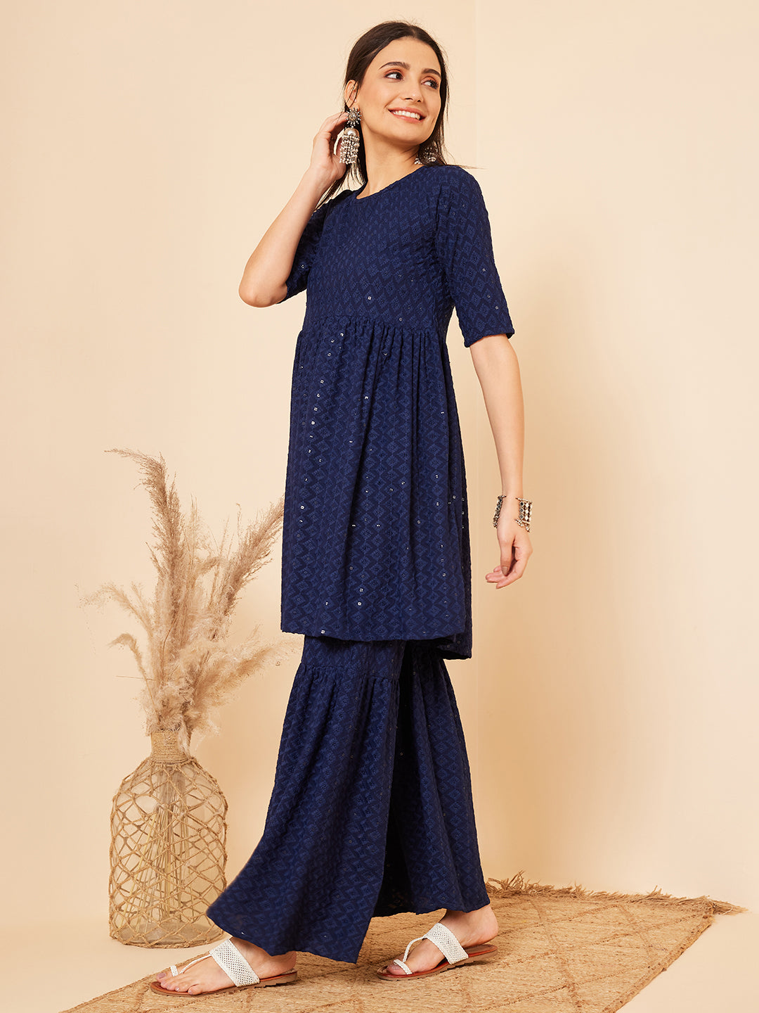 InWeave Women's Royal Blue Chikankari Kurta Set With Sharara - Swadesiicart