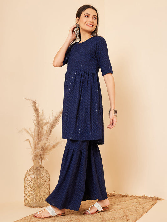 InWeave Women's Royal Blue Chikankari Kurta Set With Sharara - Swadesiicart