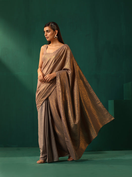 trueBrowns Grey Cotton Gold Lurex Striped Ready to Wear Saree | Swadesiicart