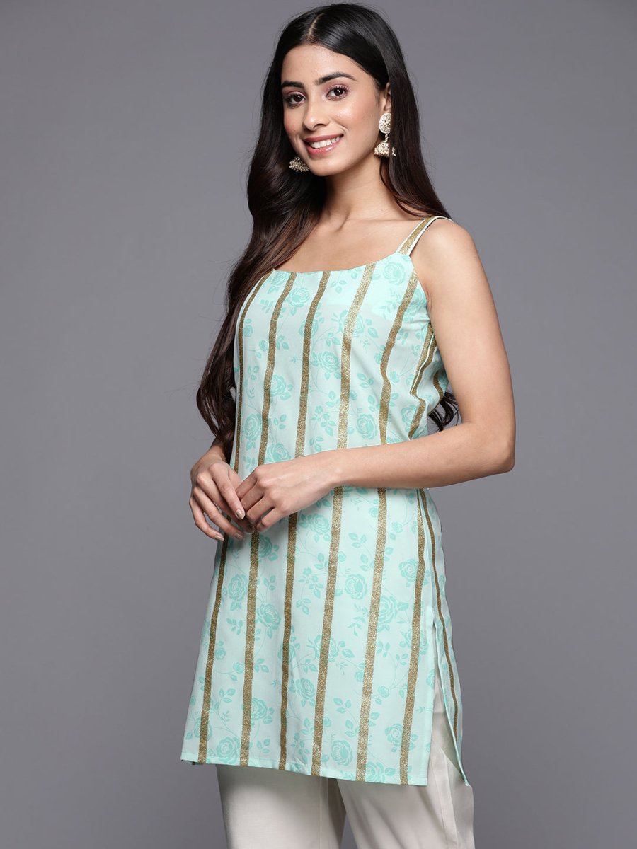 Ahalyaa Striped Floral Printed Shoulder Straps Crepe Tunic | Swadesiicart