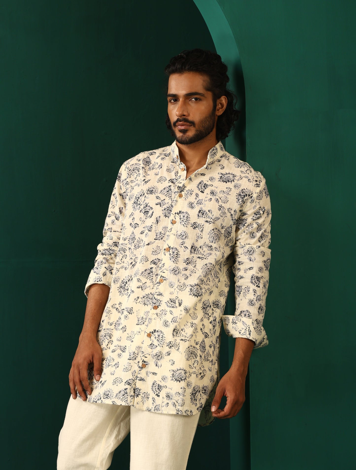 trueBrowns Men's Ivory Floral Cotton Printed Co-ord Set - Swadesiicart