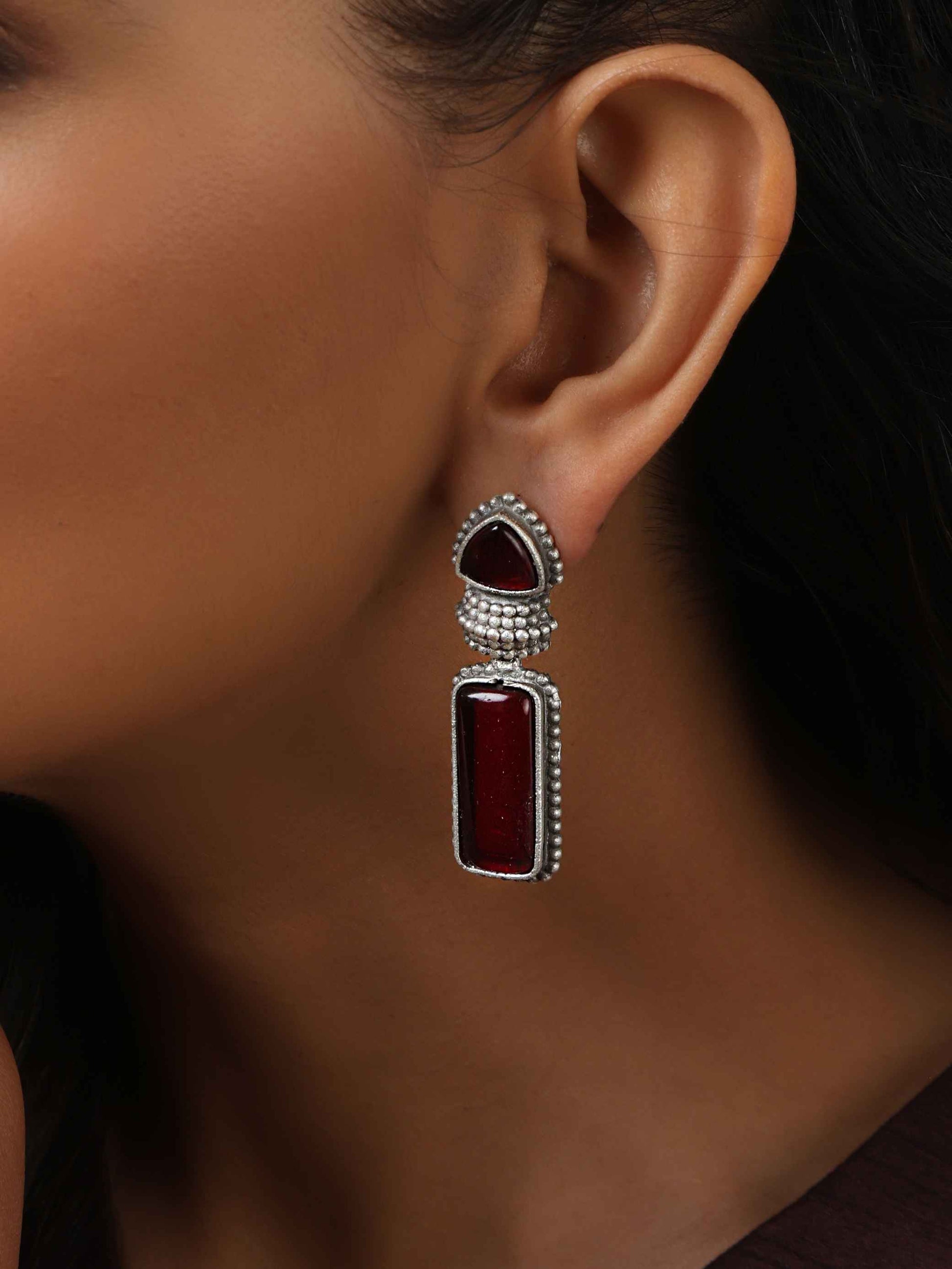 trueBrowns Silver tone Red Stone Drop Earrings - Swadesiicart