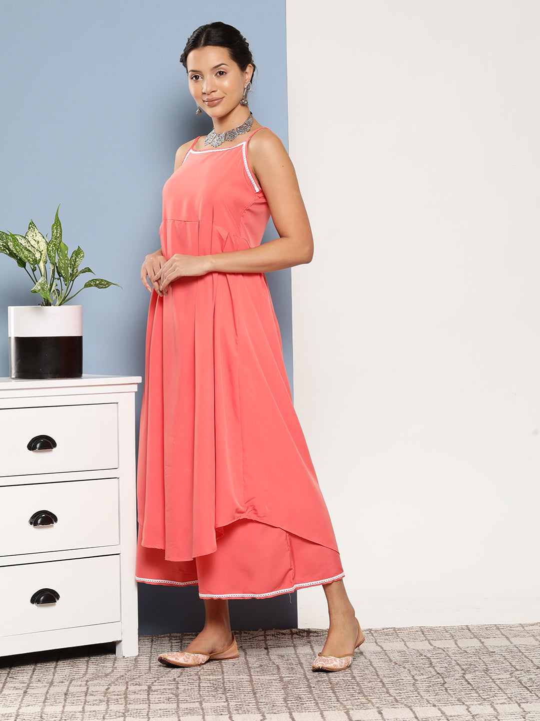 InWeave Women's Peach Cr Strappy Set With Peach Yellow Floral Cape - Swadesiicart