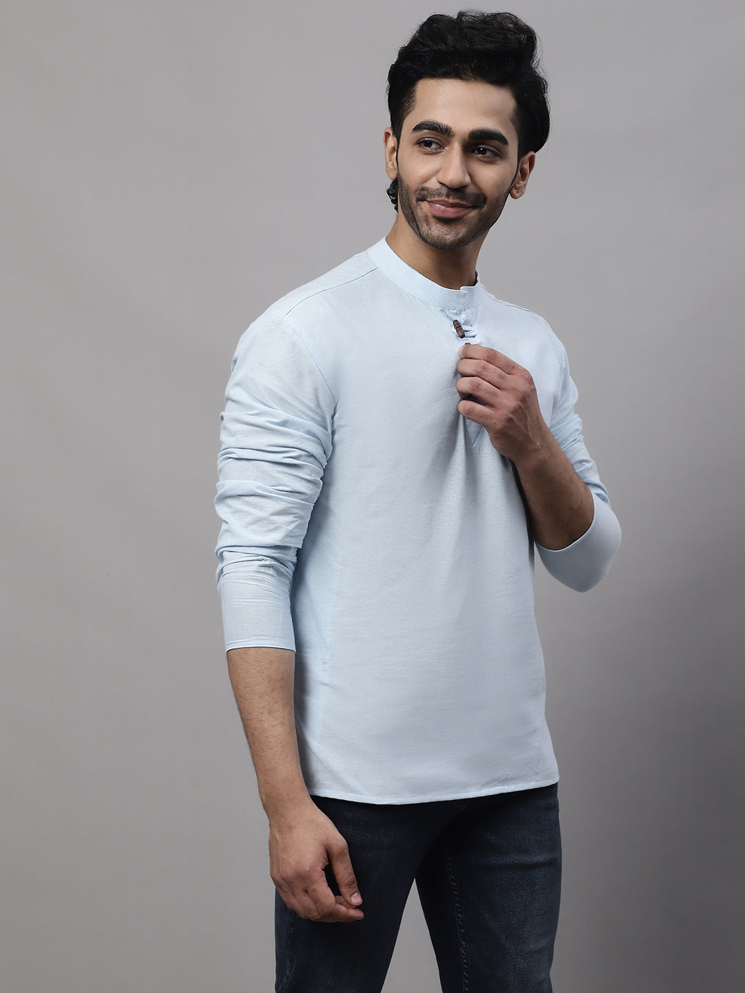 Even Apparels Blue Pure Cotton Kurta With Band Collar | Swadesiicart