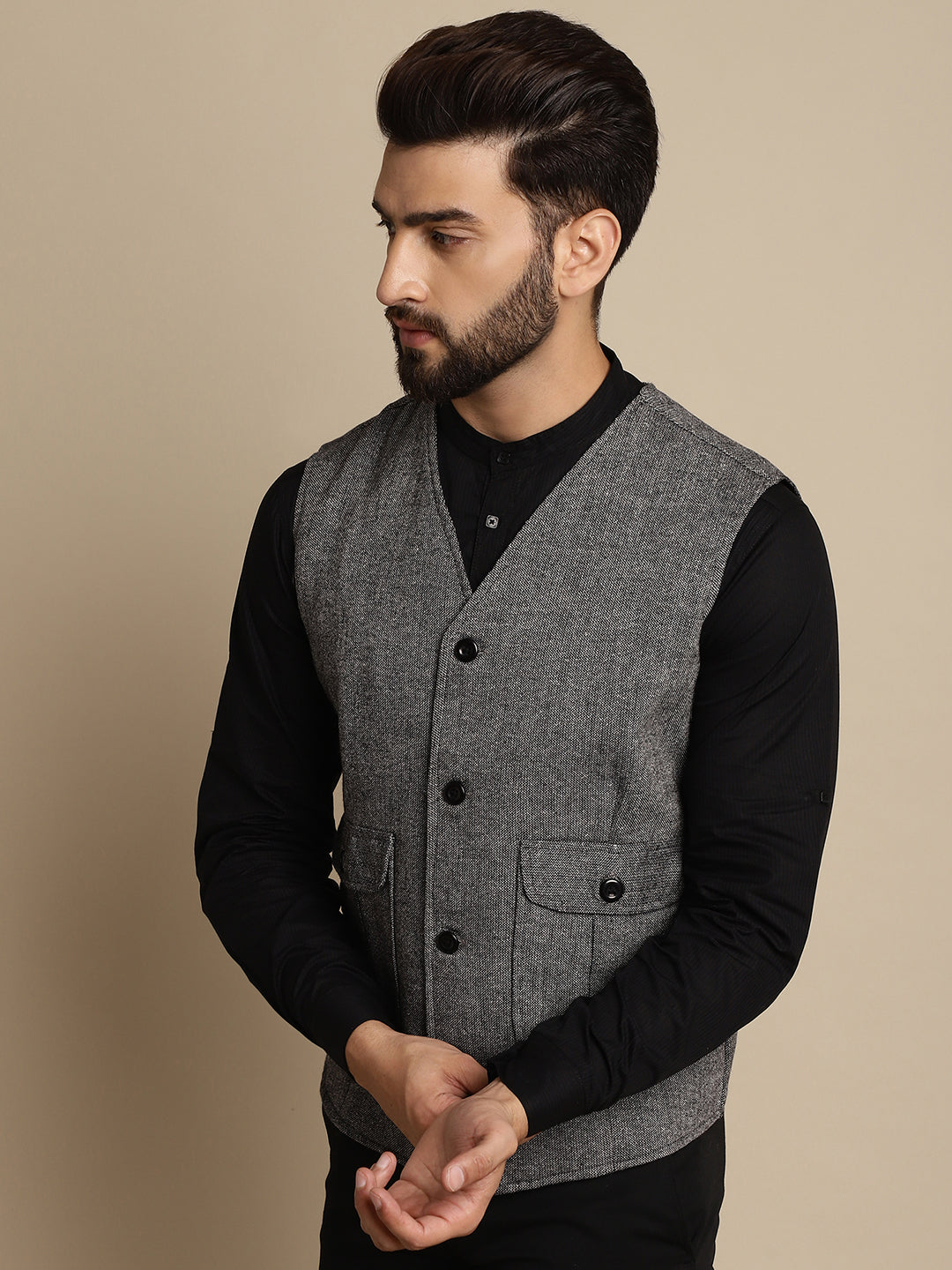 Even Apparels Men's Black Woolen Waistcoat With Patch Pocket | Swadesiicart