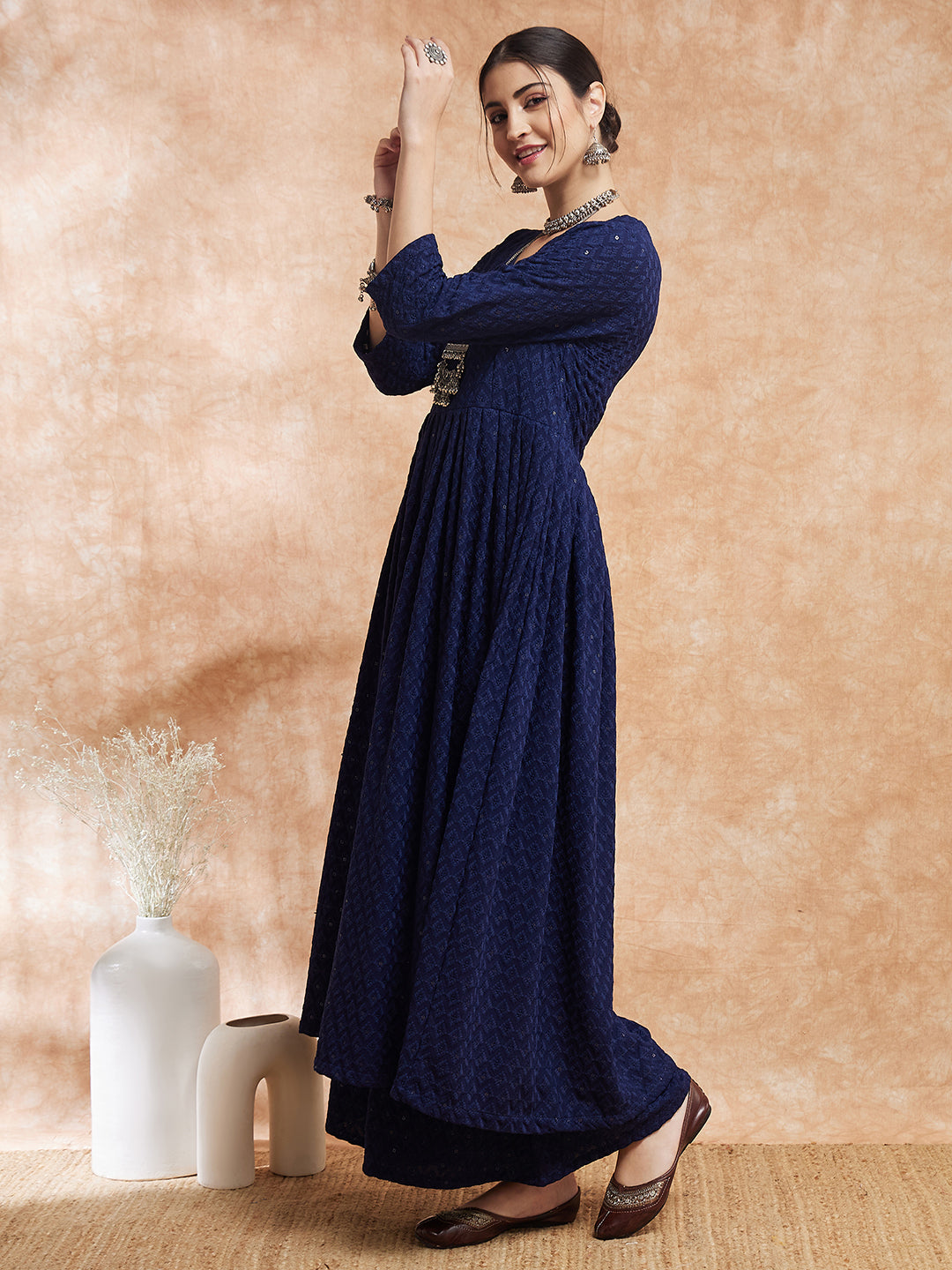 InWeave Women's Royal Blue Chikankari Long Anarkali Kurta Sharara Set - Swadesiicart