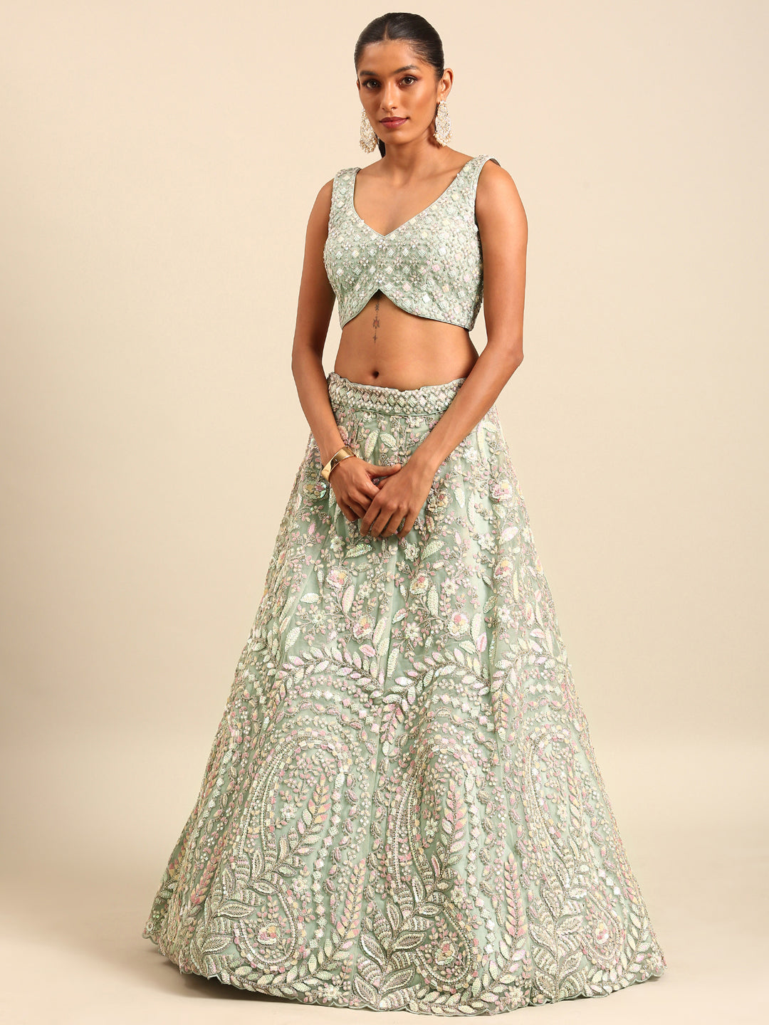 House of Panchhi Sea green Net Multi Sequins with heavy Zarkan embroidery Lehenga choli & Dupatta | Swadesiicart