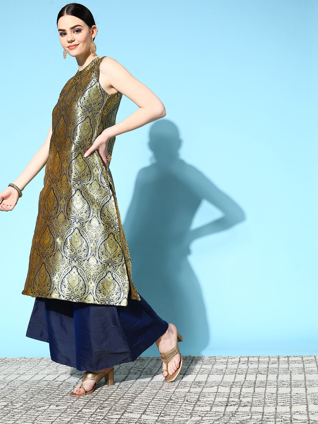 InWeave Women's Blue Banarasi Halter Kurta Set - Swadesiicart