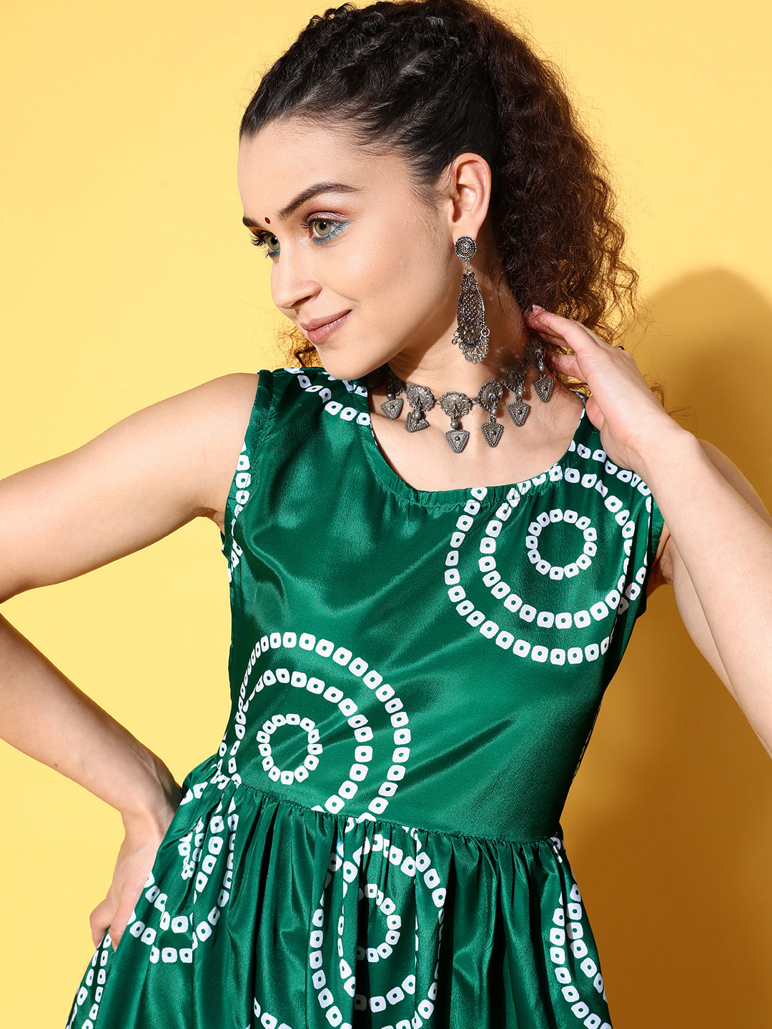 InWeave Women's Green Bandhani Motif Tiered Sharara Set - Swadesiicart