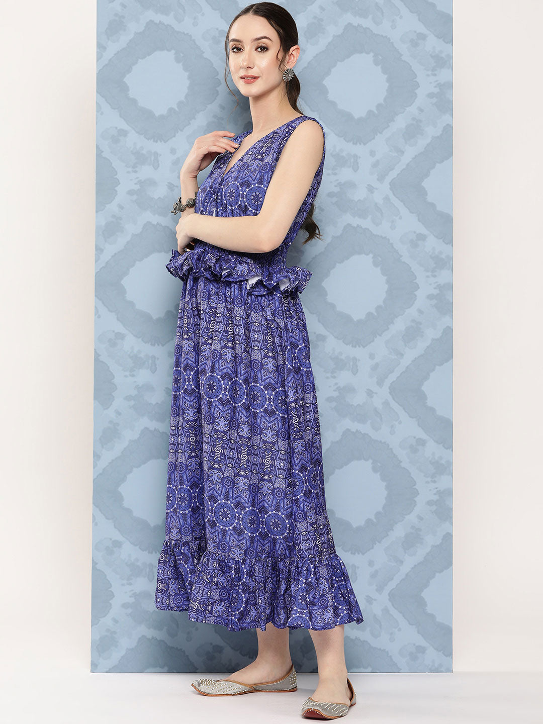 InWeave Women's Blue Floral Paisley Print Long Frill Dress - Swadesiicart