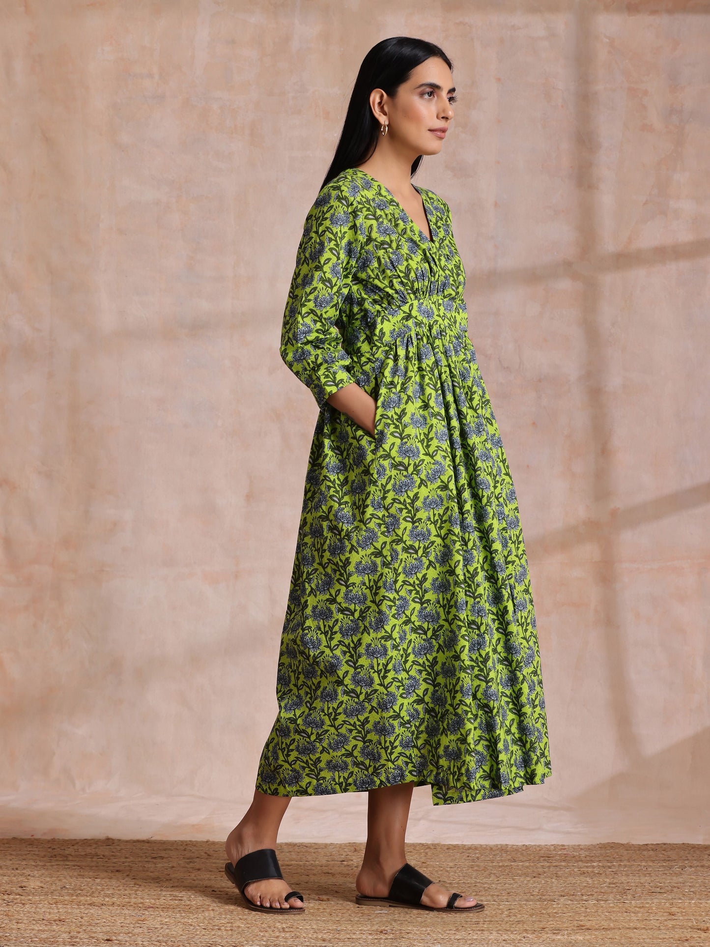 trueBrowns Lime Green Overall Blue Floral Block Print Cotton Wrap Dress | Swadesiicart
