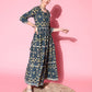 InWeave Women's Blue Ikkat Print Tiered Dress With Lace - Swadesiicart