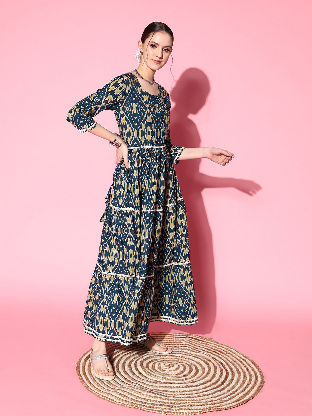 InWeave Women's Blue Ikkat Print Tiered Dress With Lace - Swadesiicart