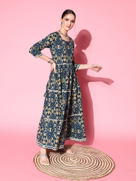 InWeave Women's Blue Ikkat Print Tiered Dress With Lace - Swadesiicart