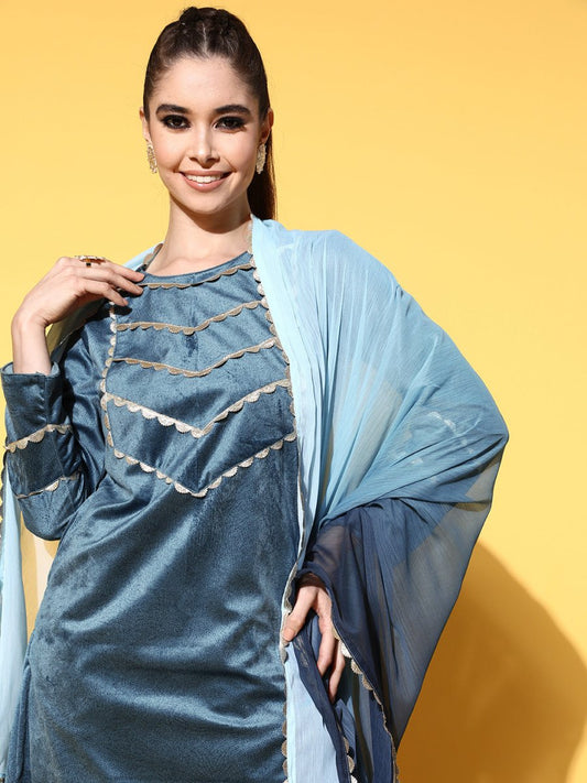 Ahalyaa Women Gotta Patti Velvet Kurta with Palazzos & With Dupatta | Swadesiicart