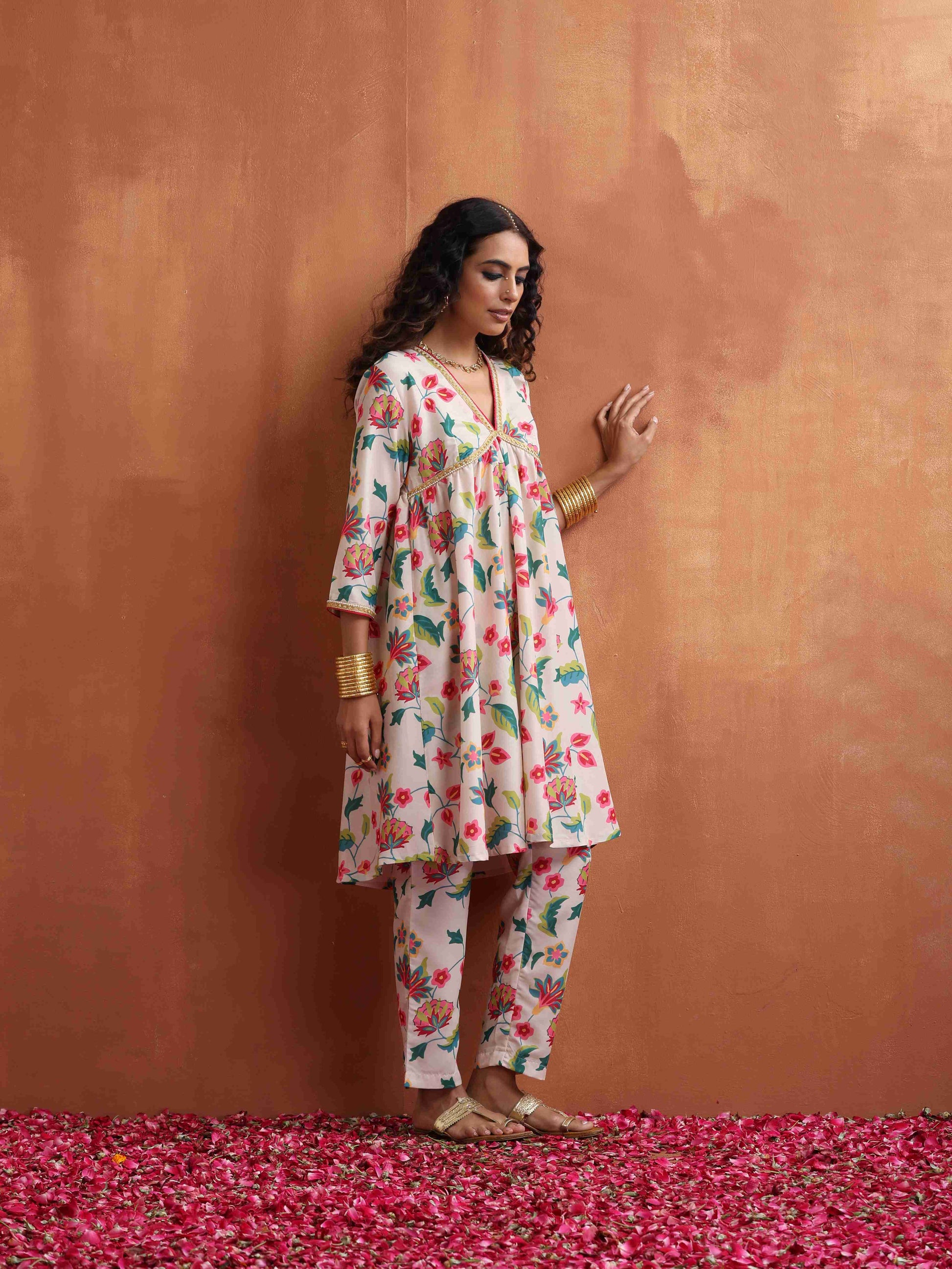trueBrowns Off White Print Anarkali Kurta Co-ord Set - Swadesiicart