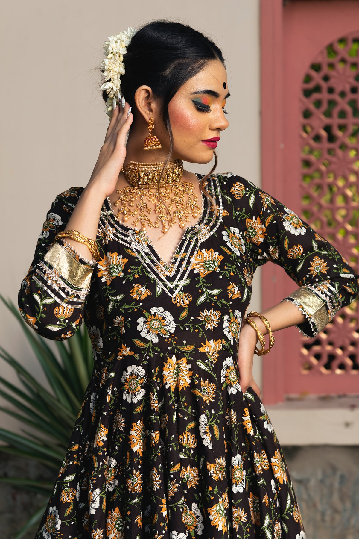 Pomcha Jaipur Roop Rang Hand Block Anarkali Set | Swadesiicart