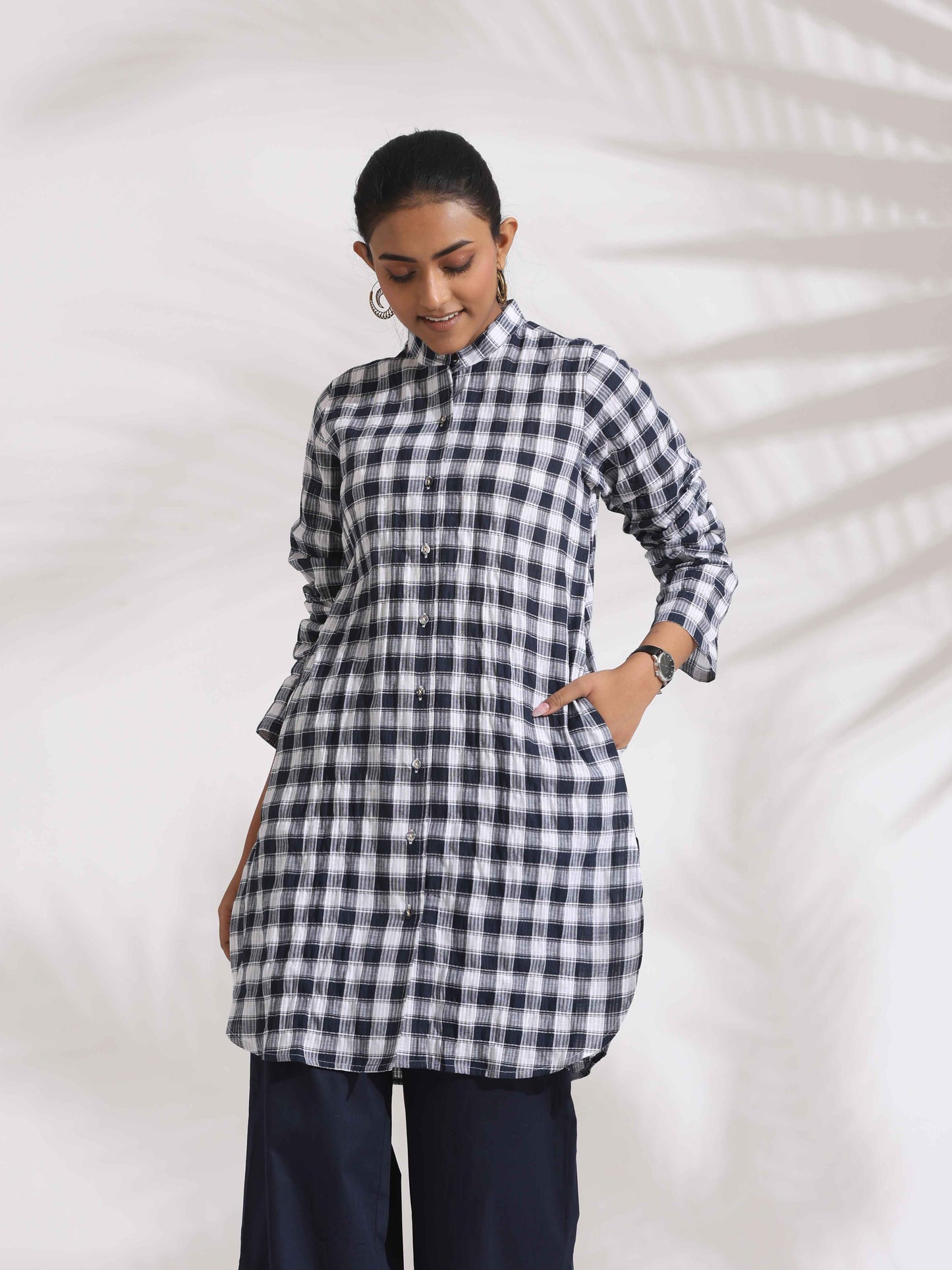 trueBrowns Blue Cotton Check Kurta Co-ord Set - Swadesiicart