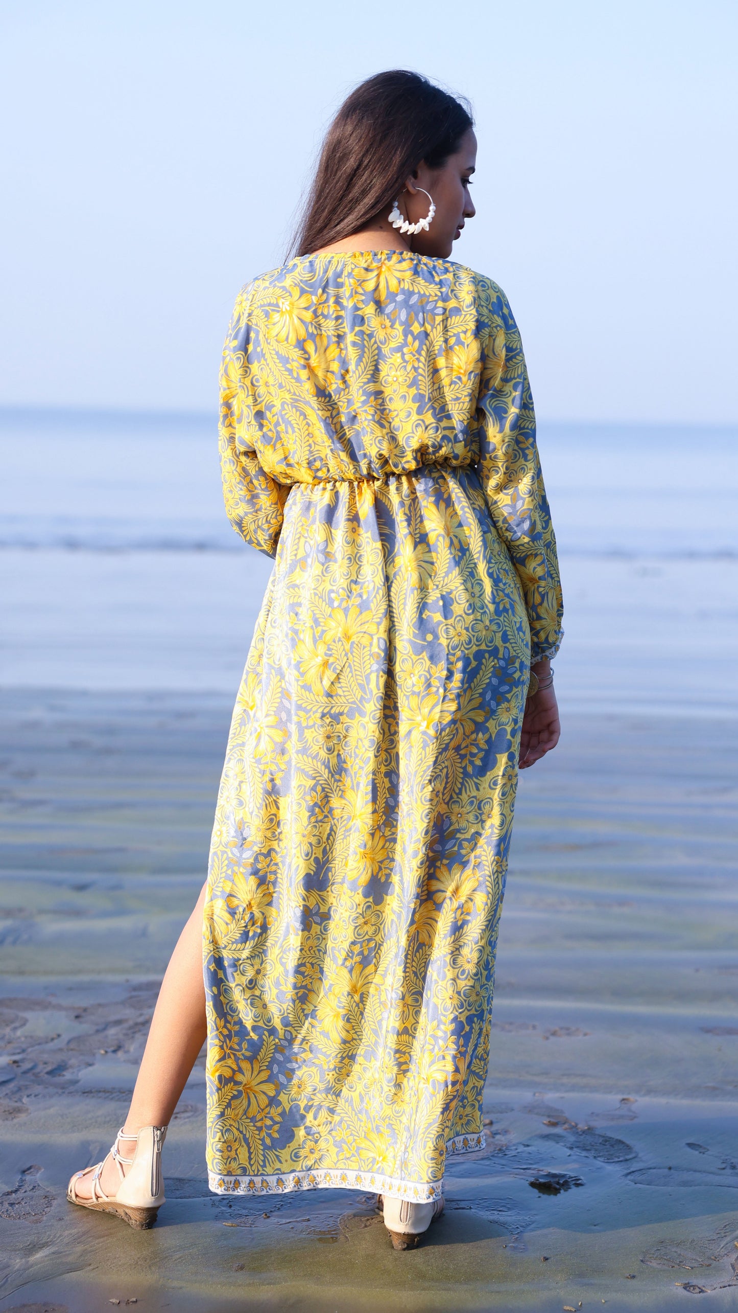 Noroke Vintage Crepe Yellow Vintage Printed Long Dress | Swadesiicart
