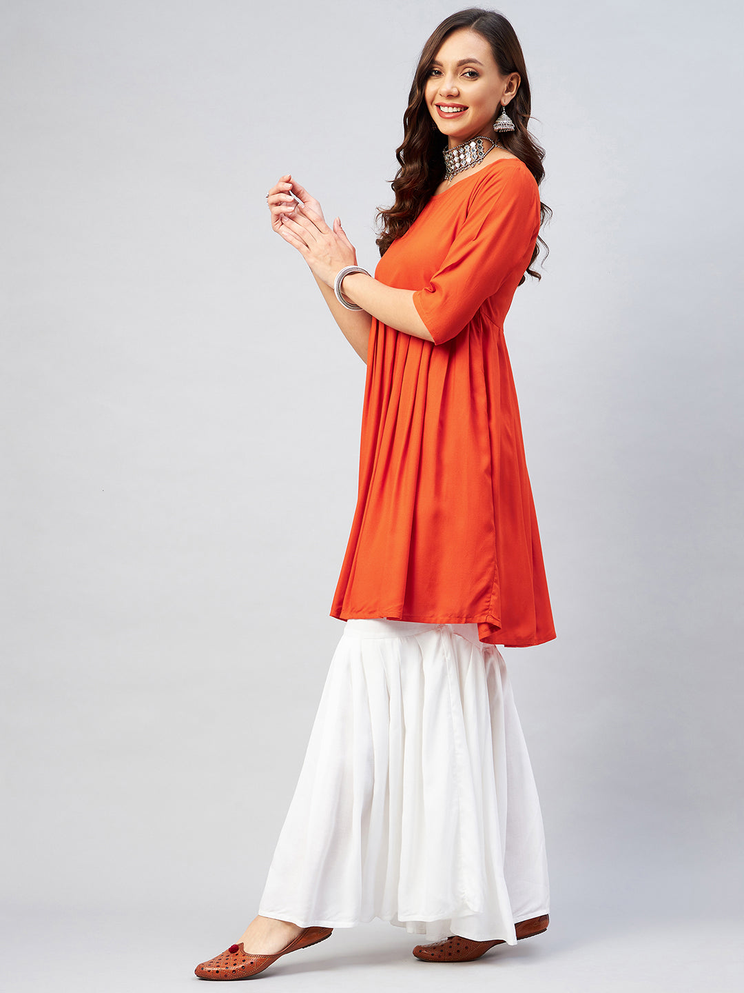 InWeave Women's Orange Short Anarkali Kurta - Swadesiicart