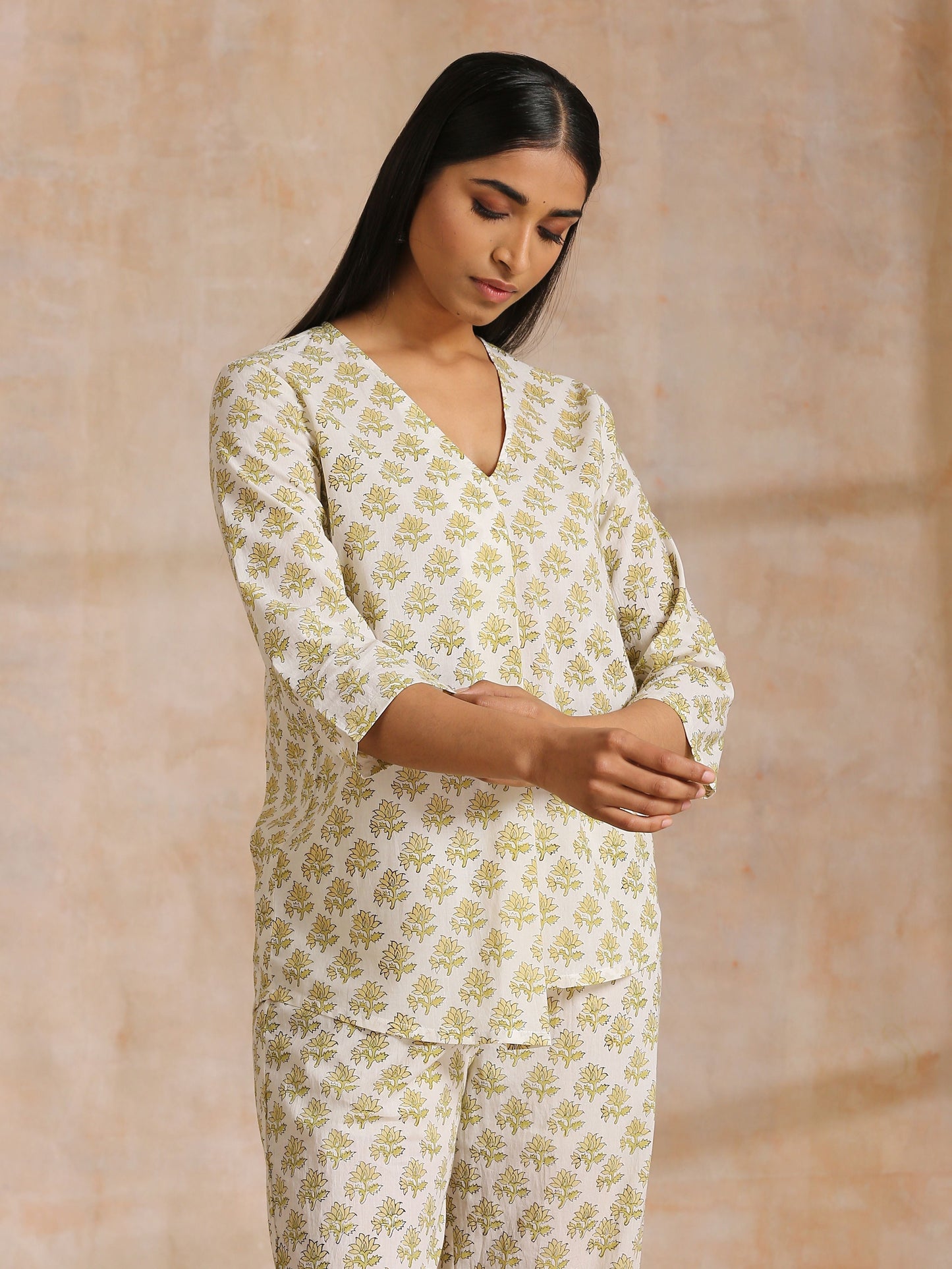 trueBrowns Green Buta On Off-White Block Print Cotton Co-Ord Set - Swadesiicart