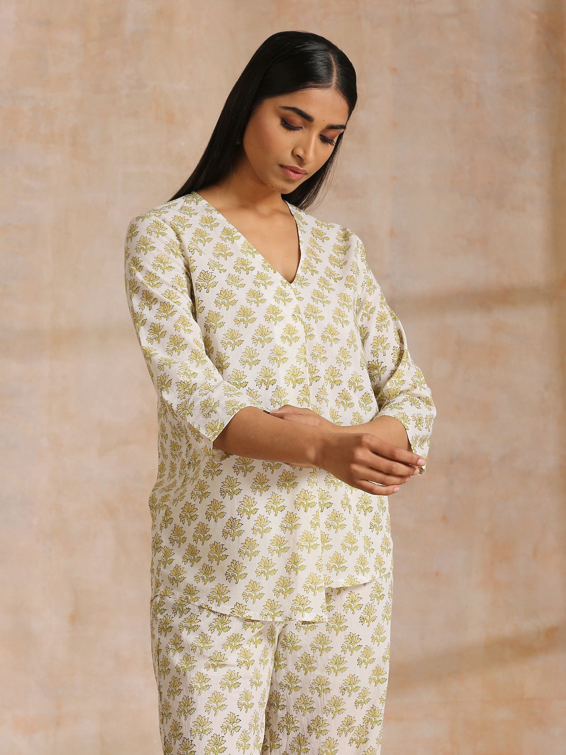 trueBrowns Green Buta On Off-White Block Print Cotton Co-Ord Set - Swadesiicart