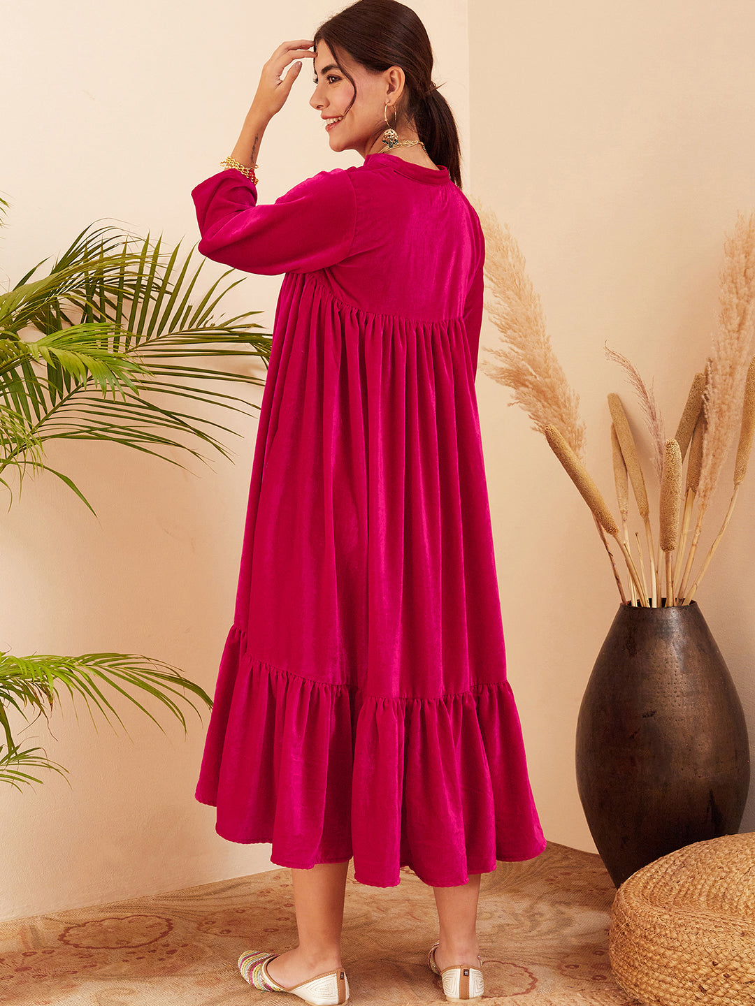 InWeave Women's Fuchsia Velvet Manderia V Neck Flared Dress - Swadesiicart