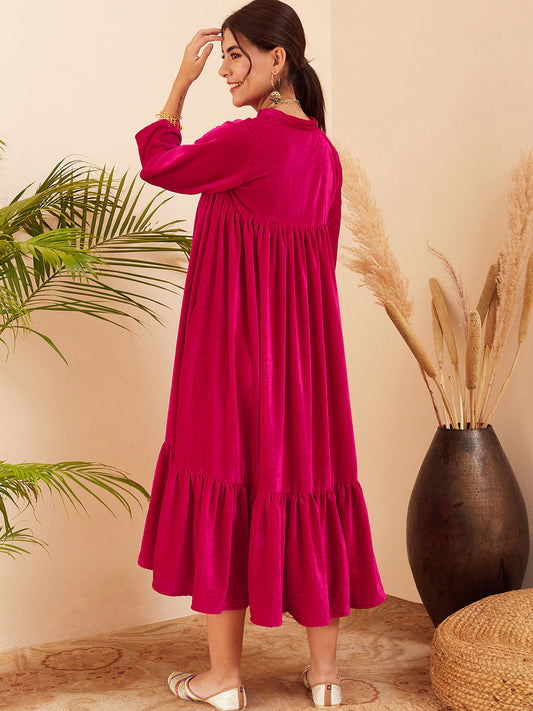 InWeave Women's Fuchsia Velvet Manderia V Neck Flared Dress - Swadesiicart