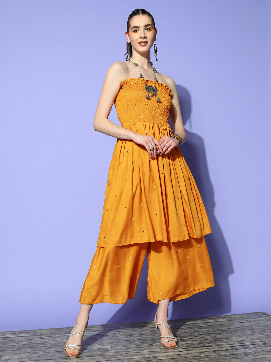InWeave Women's Mustard Mirror Work Off Shoulder Kurta Set - Swadesiicart