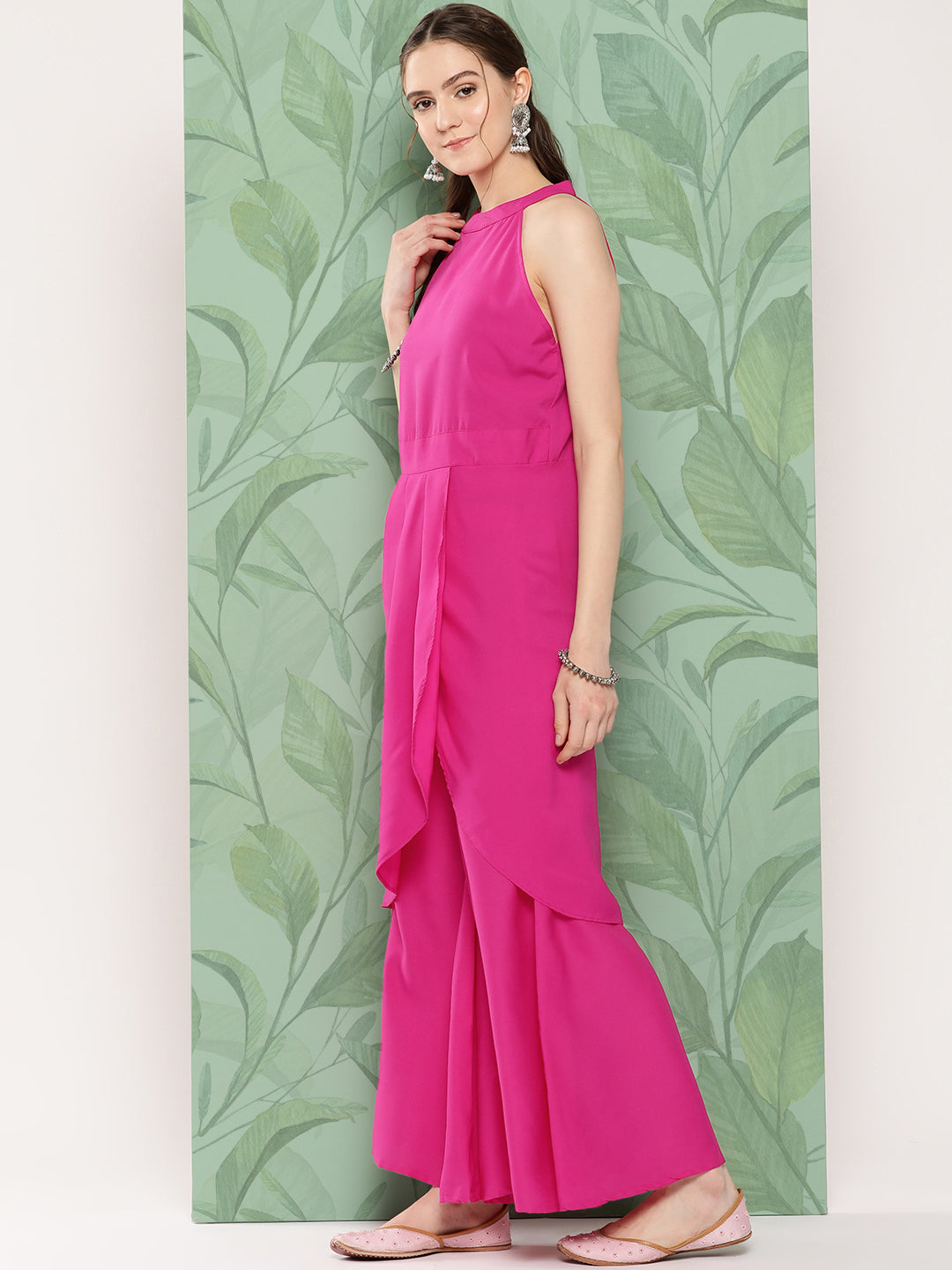 InWeave Women's Magenta Pleated Halter Kurta Palazzo Set W White Pink Or Dupatta - Swadesiicart