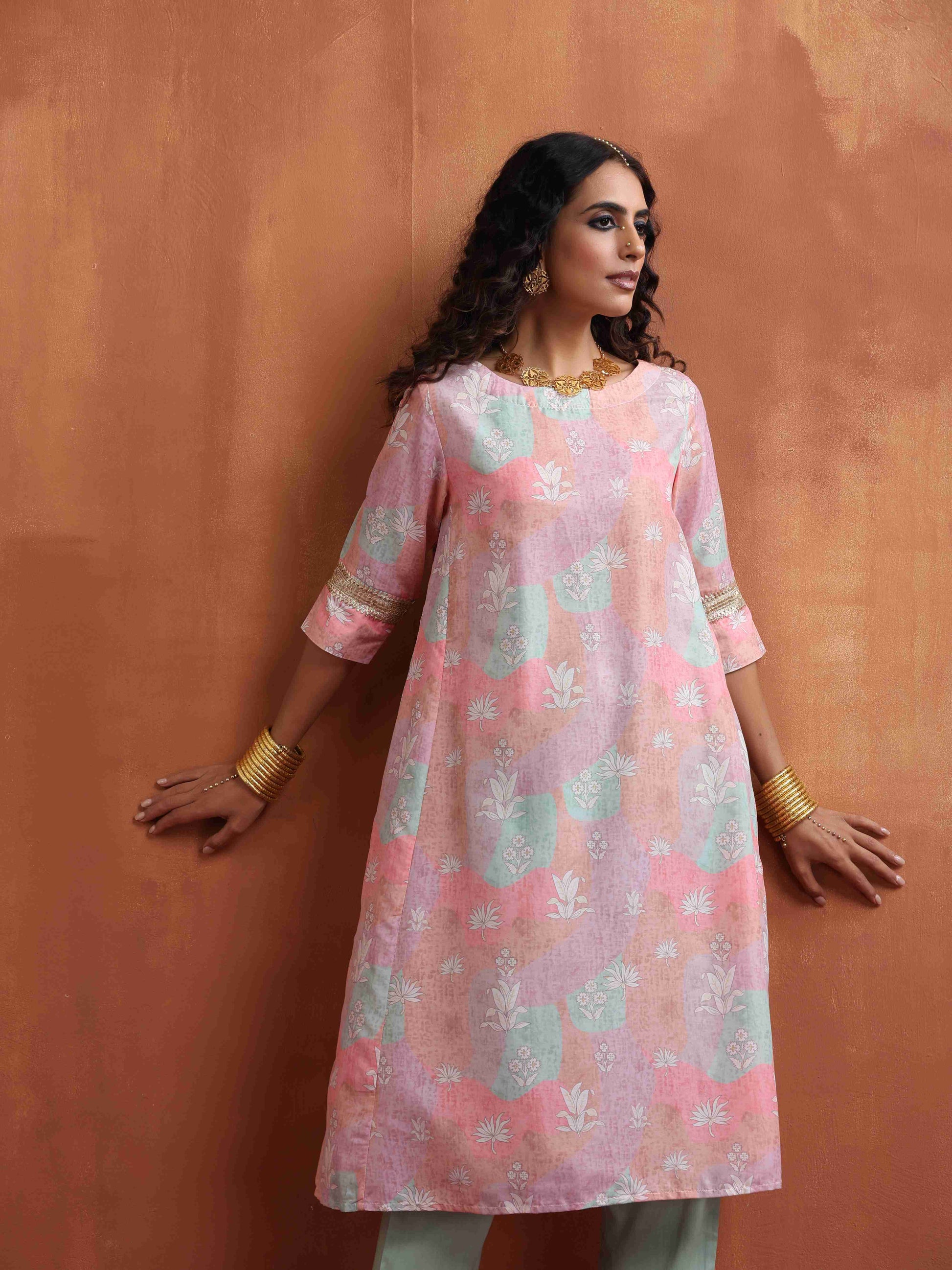 trueBrowns Beige Palm Print A-line Kurta Set | Swadesiicart