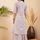 InWeave Women's Light Grey Lurex Kantha Mandarin Neck Kurta Palazzo Set - Swadesiicart