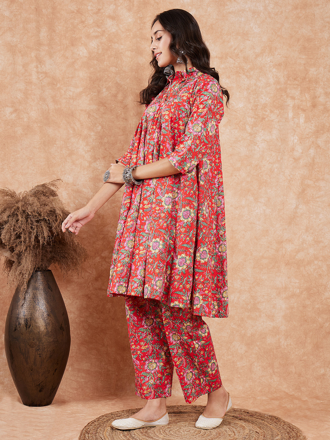 InWeave Women's Red Yellow Floral Print Flared Kurta Pant Set - Swadesiicart
