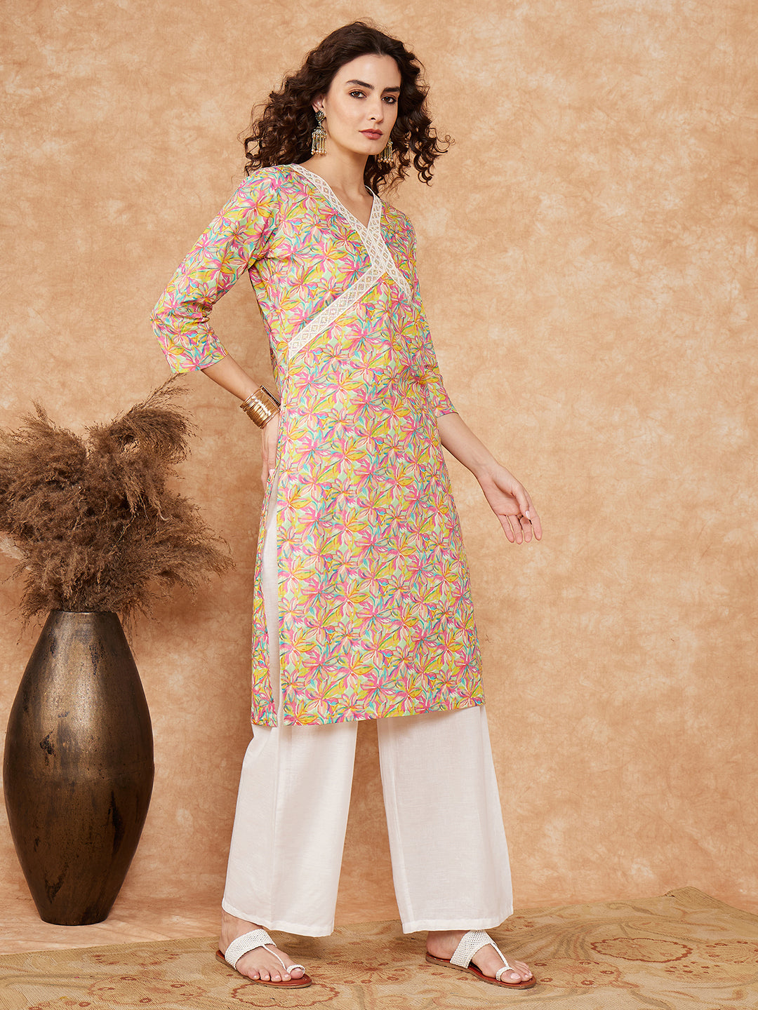 InWeave Women's Multi Floral Painted Alia Lace Work Straight Kurta - Swadesiicart