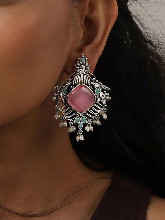 trueBrowns Silver Tone Pink Stone Pearl Drop Earrings - Swadesiicart