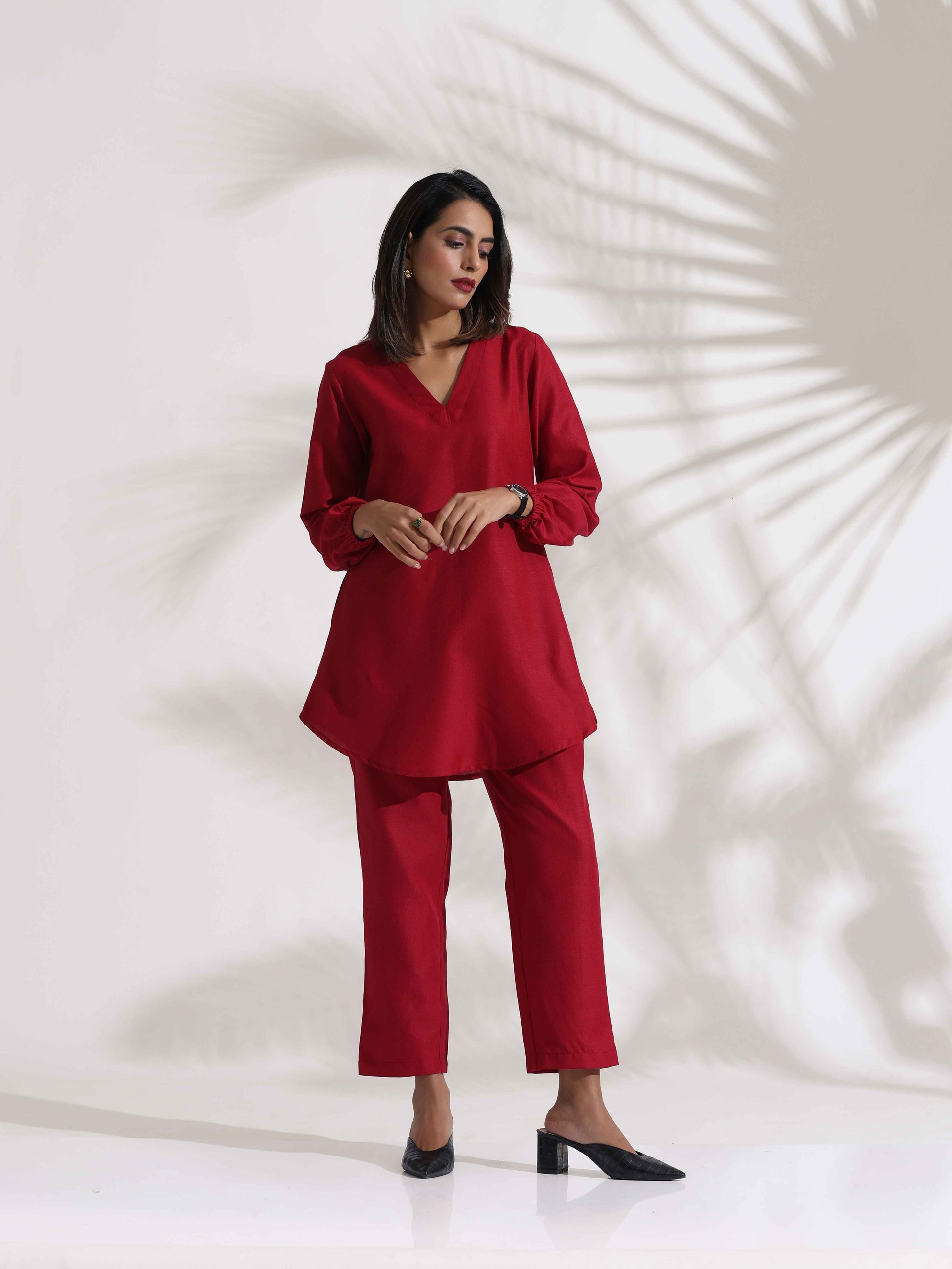 trueBrowns Maroon Slub Co-ord Set - Swadesiicart