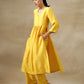 trueBrowns Yellow Textured Silk High Slit Gathered Kurta Set | Swadesiicart