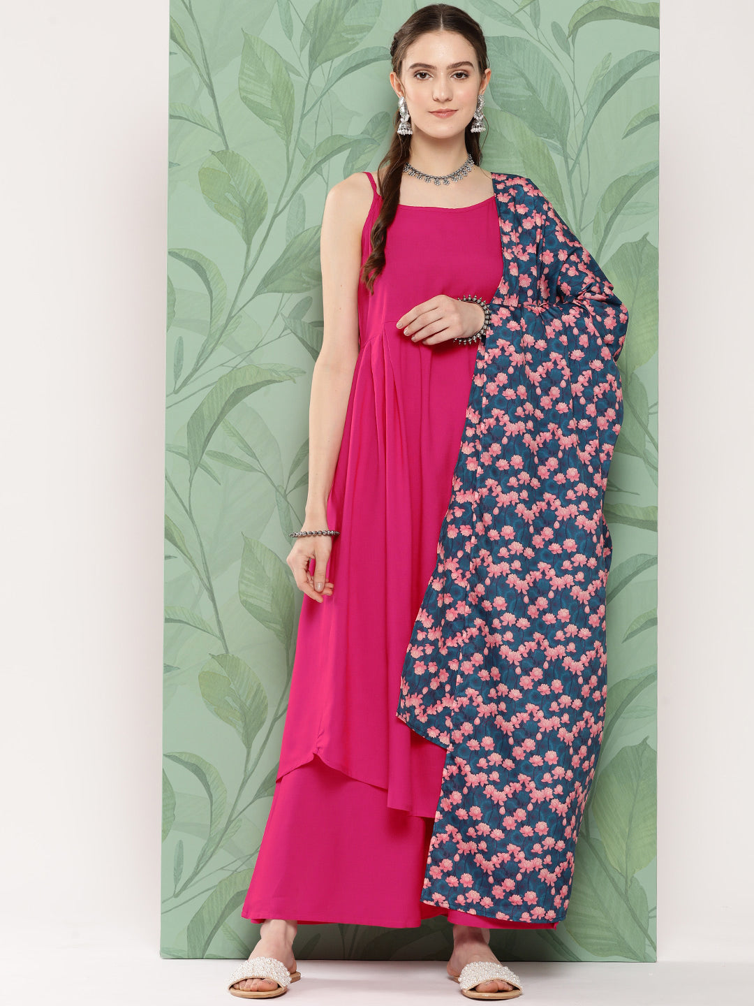 InWeave Women's Fuchsia Strappy Set W Navy Pink Lotus Cr Duptta - Swadesiicart