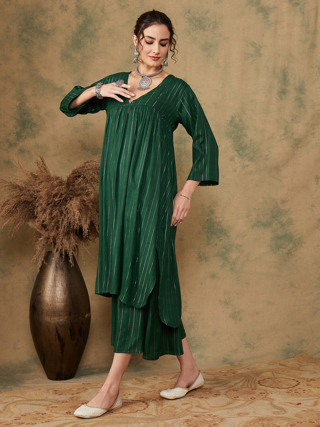 InWeave Women's Pine Green Lurex Flared V Neck Kurta Palazzo Set - Swadesiicart