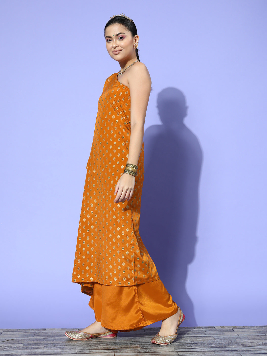 InWeave Women's Mustard Gold Print One Shoulder Kurta Set - Swadesiicart