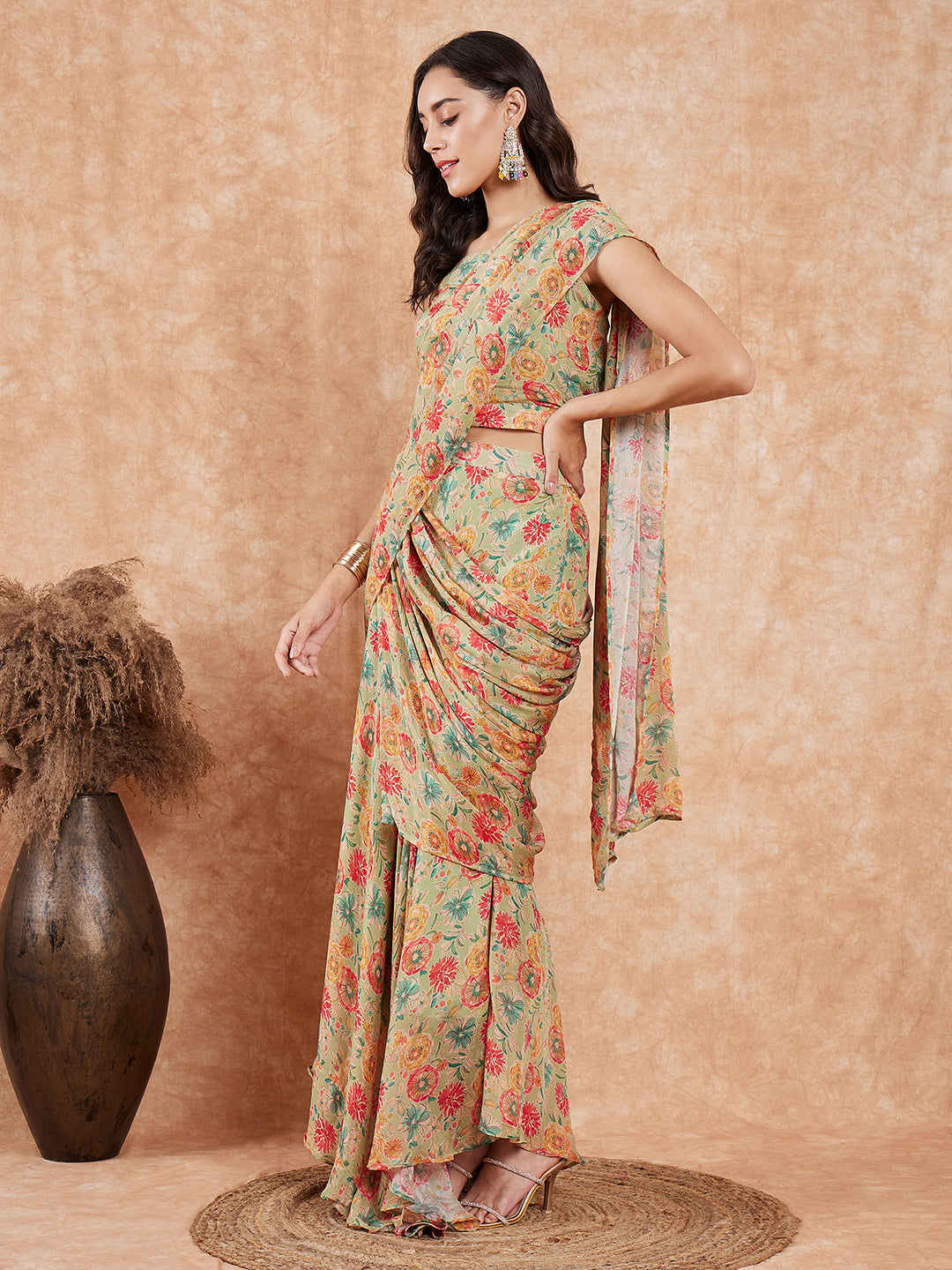 InWeave Women's Pear Green Red Floral Skirt Saree - Swadesiicart