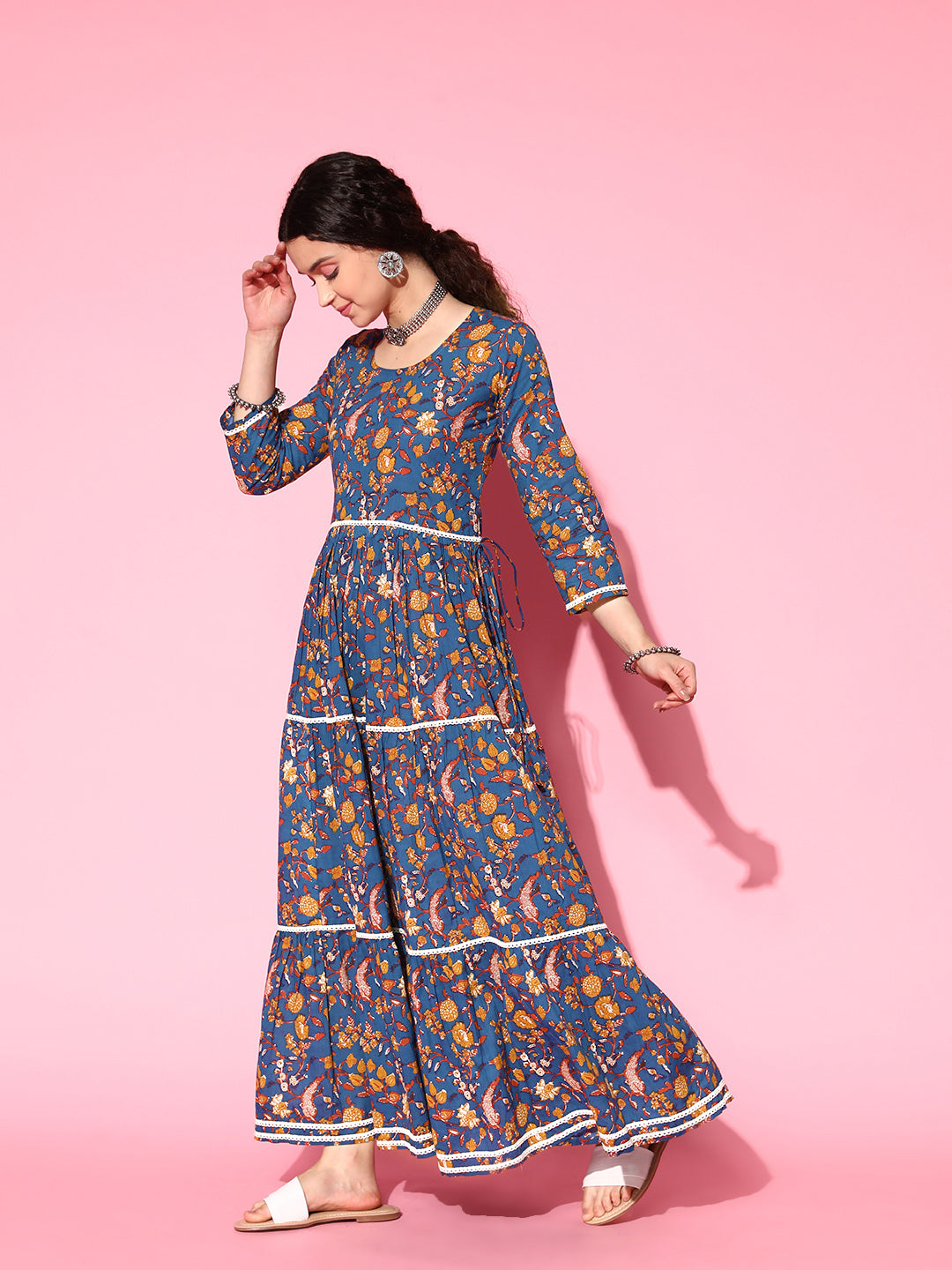 InWeave Women's Blue Floral Print Dress With Lace - Swadesiicart