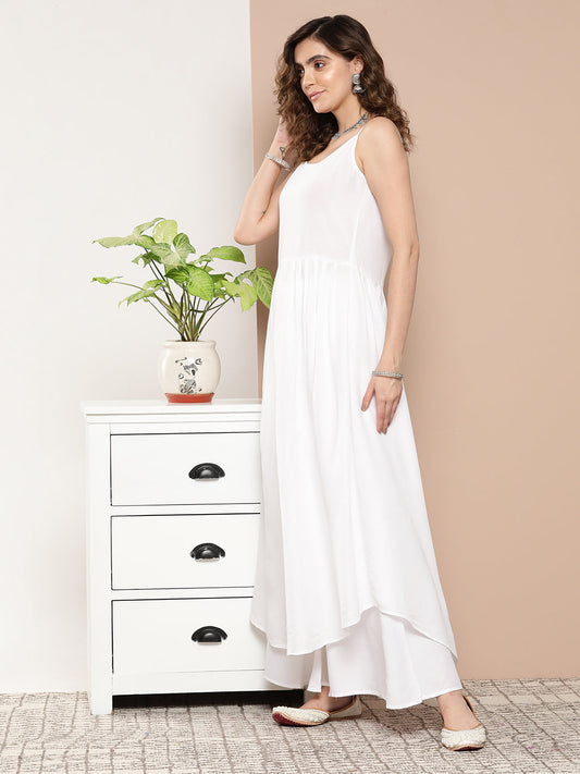 InWeave Women's Cream Strappy With Blue White Chintz Organza Cape - Swadesiicart