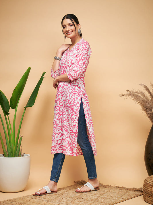 InWeave Women's Pink Foil White Print Angrakha Stright Kurta - Swadesiicart