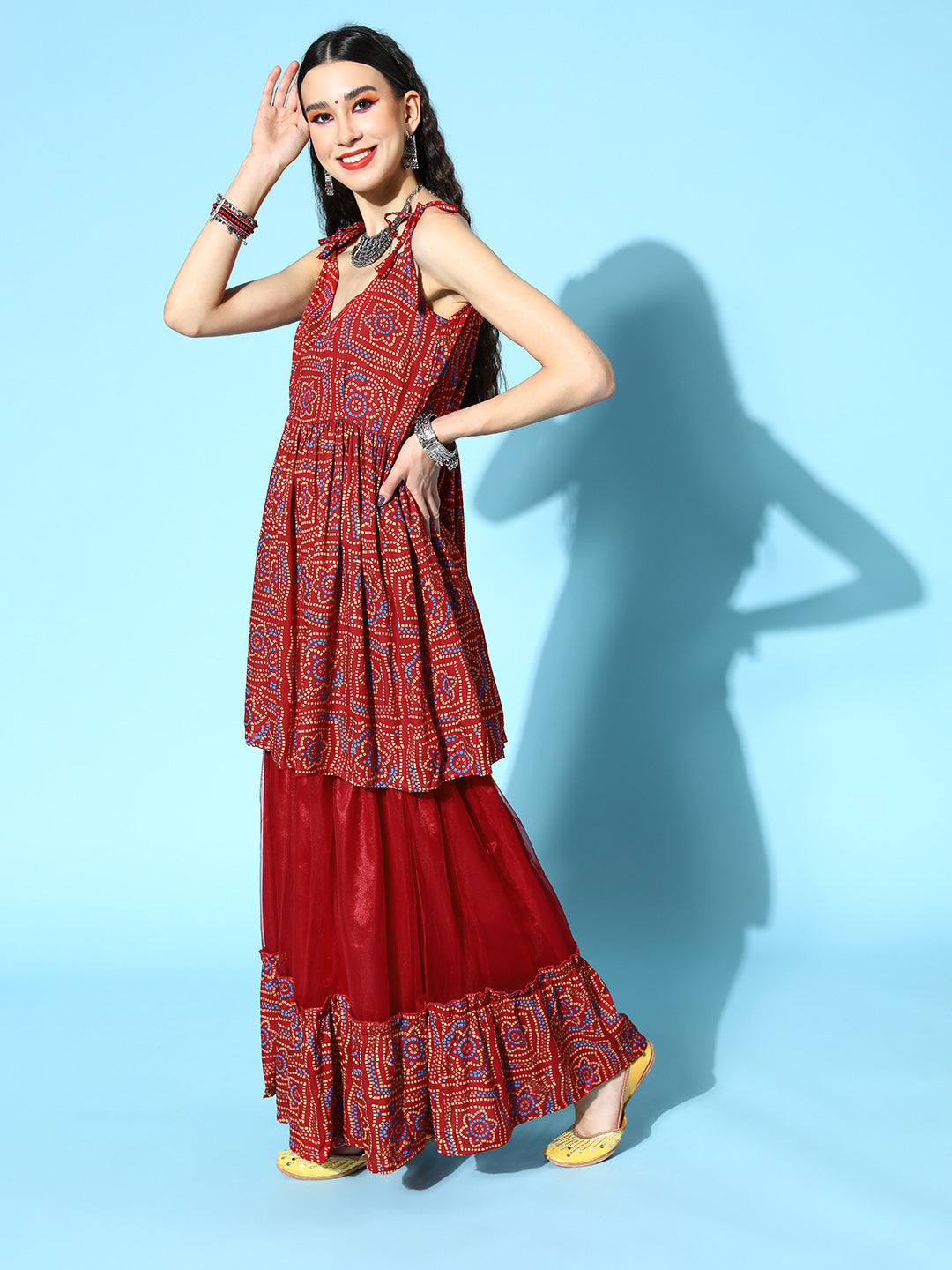 InWeave Women's Maroon Bandhani Net Sharara Set With Dupatta - Swadesiicart