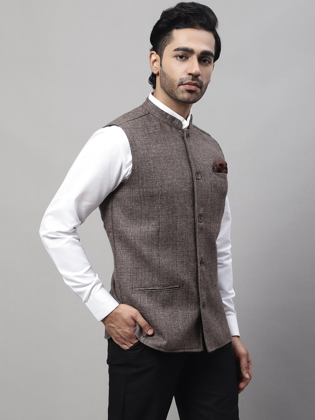 Even Apparels Men's Brown Nehru Jacket With Welt Pockets | Swadesiicart