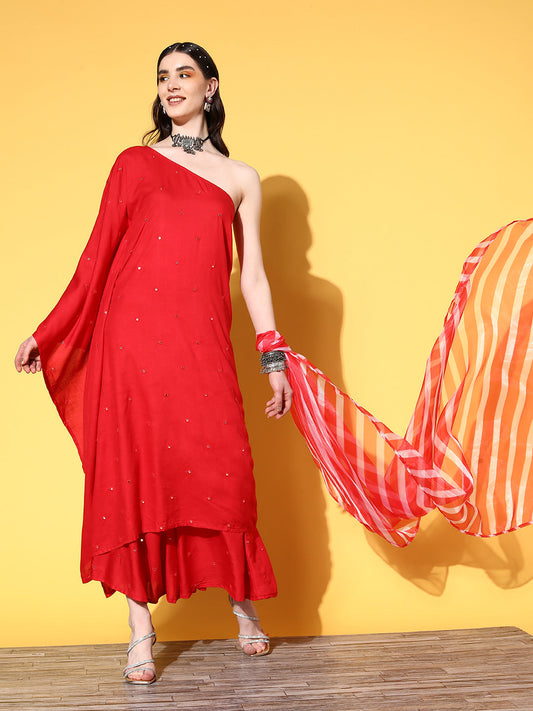 InWeave Women's Red Mirror Work One Shoulder Kurta Set With Dupatta - Swadesiicart